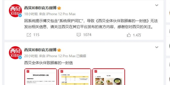西贝回应删公开信：提示含“系统保护词汇”致无法发出